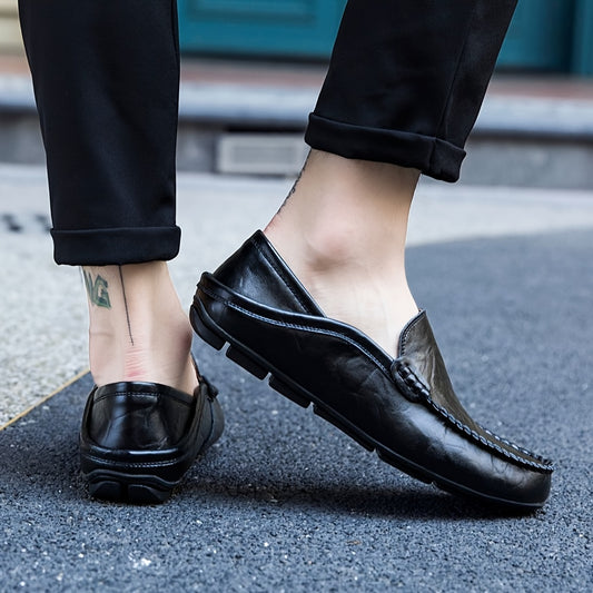 Men's plus size slip-on loafers with solid color faux leather, rubber sole, and round toe for year-round wear.