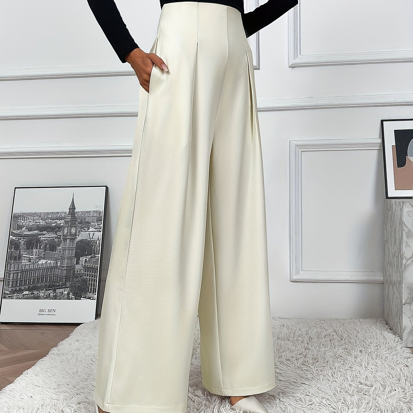 Women's wide leg pants in solid color, made from polyester elastane blend with pocket details for casual wear in spring and summer.