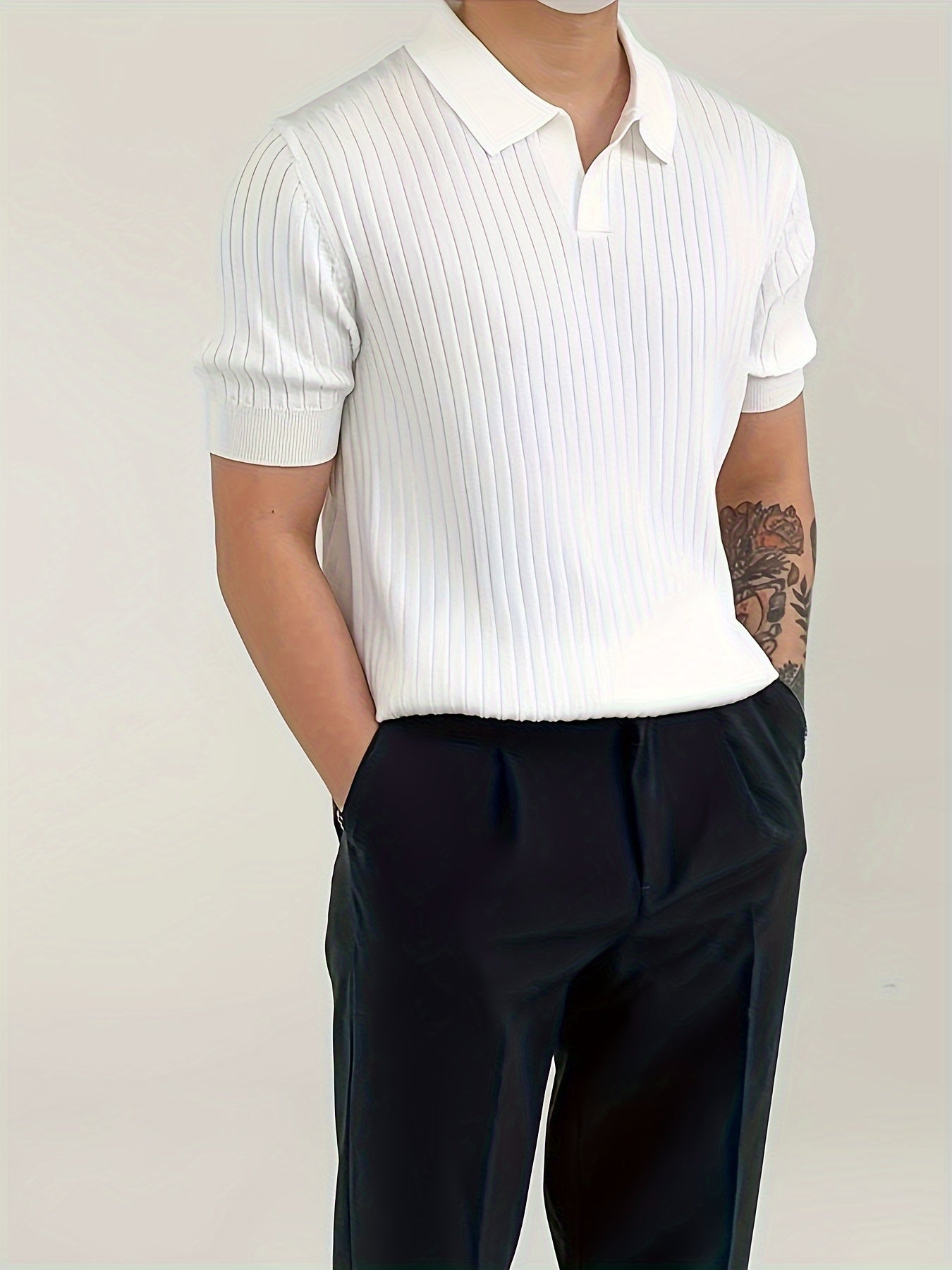 Solid ribbed men's golf shirts with short sleeves, casual style, regular fit, and mid-stretch fabric for summer.