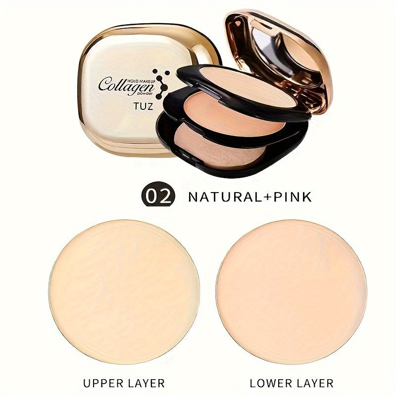 TUZ Collagen Double-Layer Pressed Powder Compact with Matte Finish, Silk Texture, Mirror, Powder Puff, and Plant Squalane