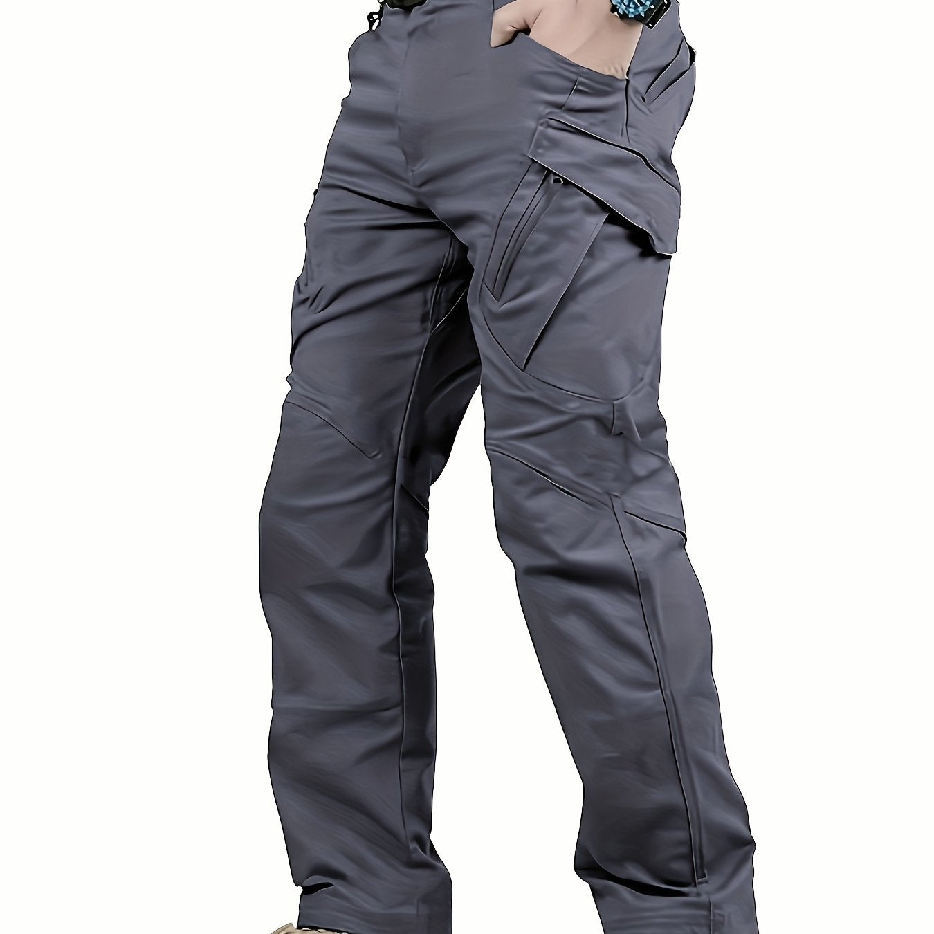 Men's tactical pants with multiple pockets, machine washable polyester, suitable for all seasons.