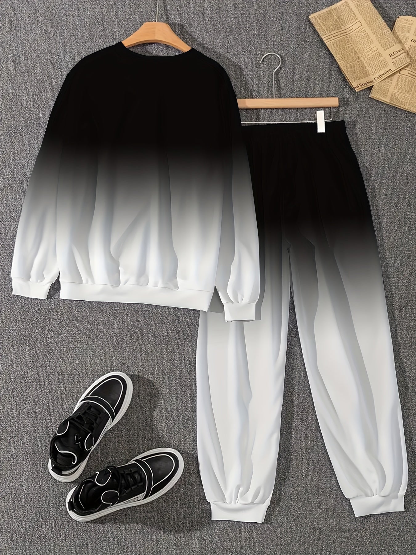 Men's Casual Polyester Tracksuit Set with Crew Neck, Printed Sweatshirt, Joggers, Loose Fit Lounge Wear