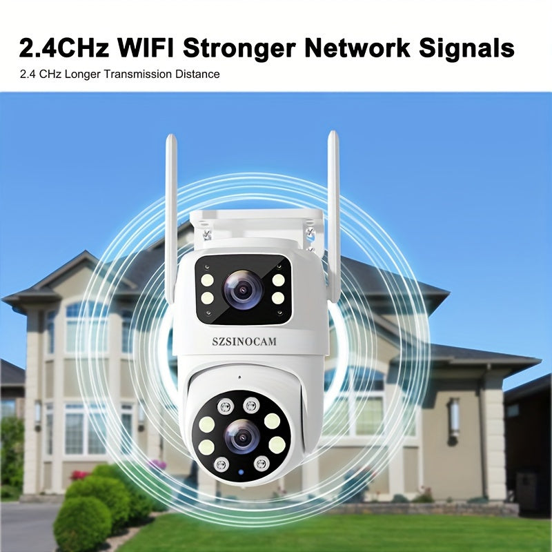 Outdoor Dual Lens WiFi Security Camera with AI Human Tracking, Color Night Vision, Two-Way Audio, and Pan Tilt Rotation. App controlled and USB powered. TF card not included. SZSINOCAM.