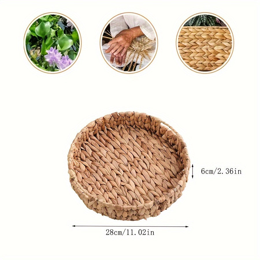 Round water hyacinth wicker tray for organizing snacks, toys, and more. Non-waterproof storage solution.