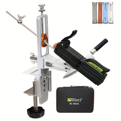 The RC-002A Professional Knife Sharpener System includes Whetstones, a Carry Case, and features a 360° Rotation Flip Design. It also includes a Fixed-Angle Stainless Steel Kitchen Chef Knife Sharpening Kit and Abrasive Holding System Tools.