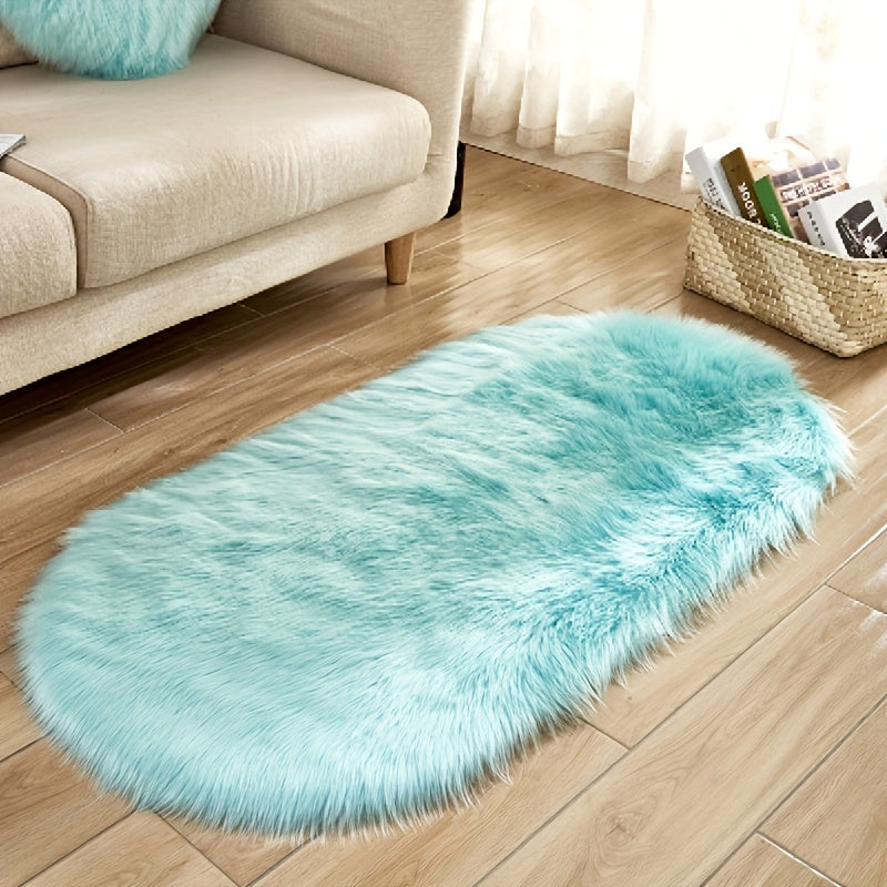 One piece of a luxurious Super Soft Area Rug, featuring a Plush Fluffy Faux Sheepskin design in an Oval shape, perfect for adding warmth to your Living Room or Bedroom. This Machine Washable Bedside Rug is made of Shaggy Plush Carpet Faux material, ideal