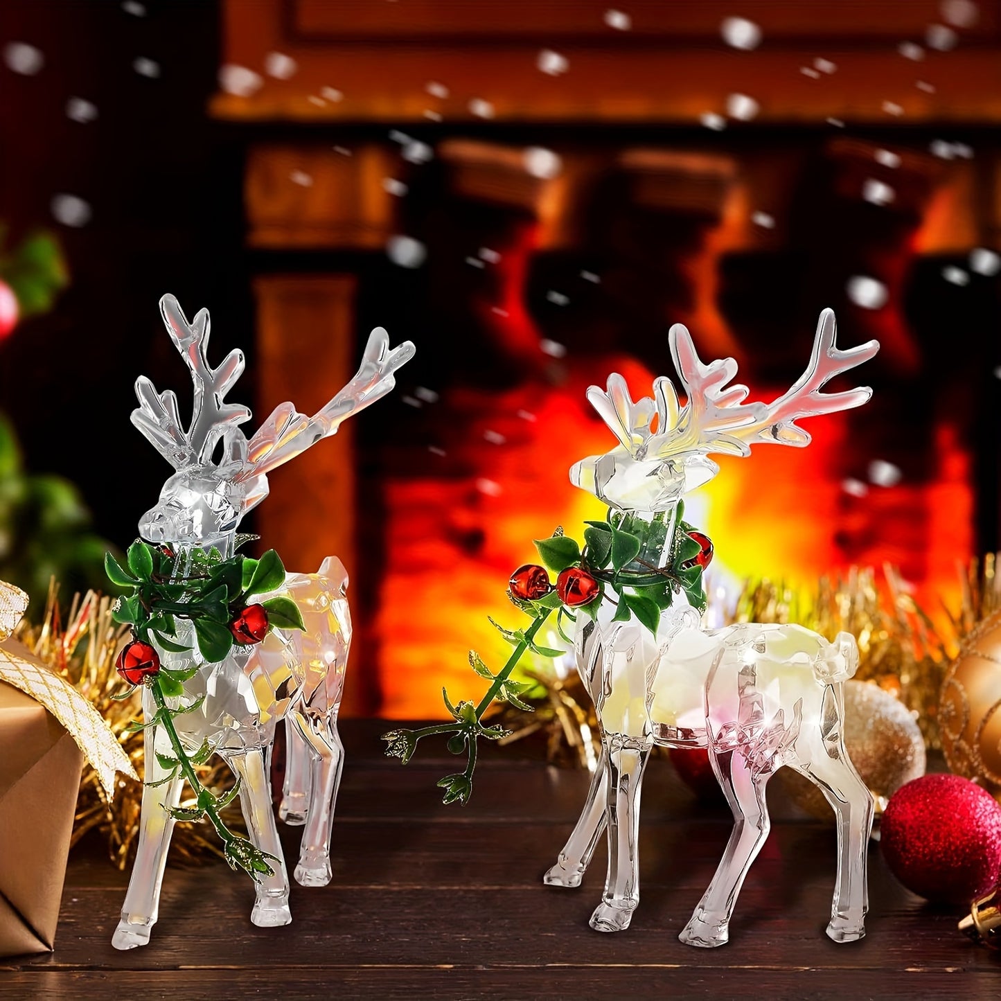 Clear acrylic Christmas reindeer figurines with red bells - perfect holiday decor for any room.