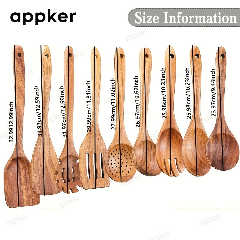 Set of 9 Acacia Wood Kitchen Utensils - Includes Cooking Spoons, Spatulas, Noodle & Fish Fryers - Made from Natural Wood, Food-Safe, Non-Stick, and Durable Cookware for All Ingredients