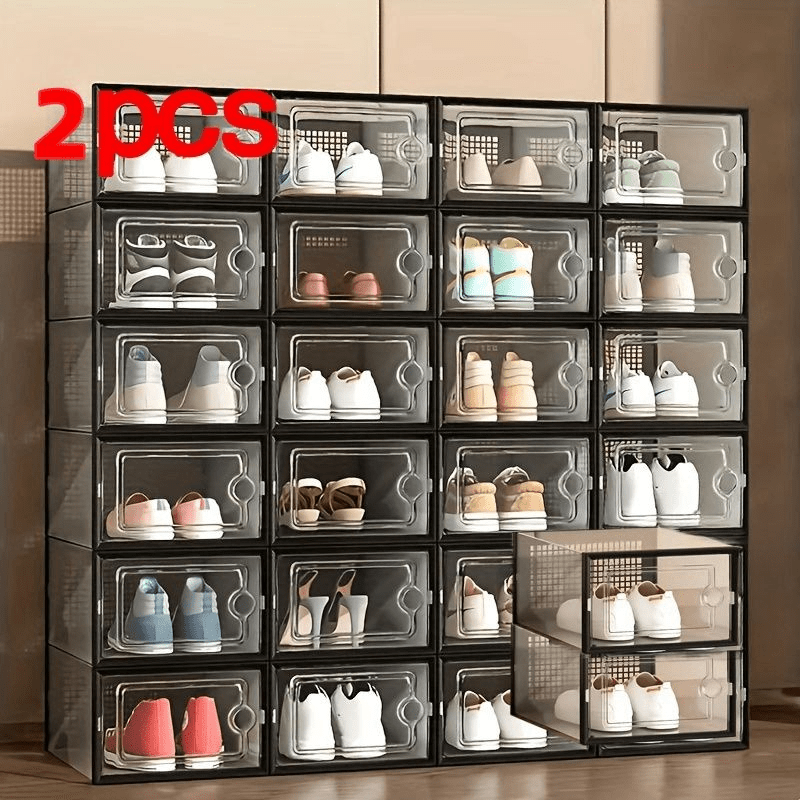 An assortment of clear plastic shoe containers in different dimensions, created for easy stacking and acting as multiple-tier shoe storage units that keep dust at bay. These adaptable shoe organizers are ideal for showcasing in homes and dorm rooms