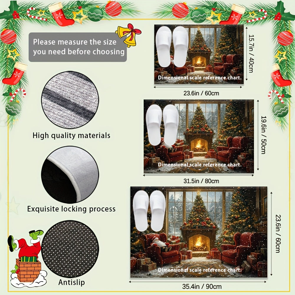 Non-Slip Rubber Backed Christmas Holiday Doormat featuring Santa Claus and Fireplace Design, Washable Polyester Rectangular Entrance Mat with Festive Xmas Tree Floor Decoration. This lightweight braided rug is the perfect addition to your holiday décor.