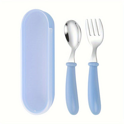 Set of 3 stainless steel youngsters' utensils with colorful handles, dishwasher safe. Includes fork and spoon in blue geometric pattern in pink and green cases.