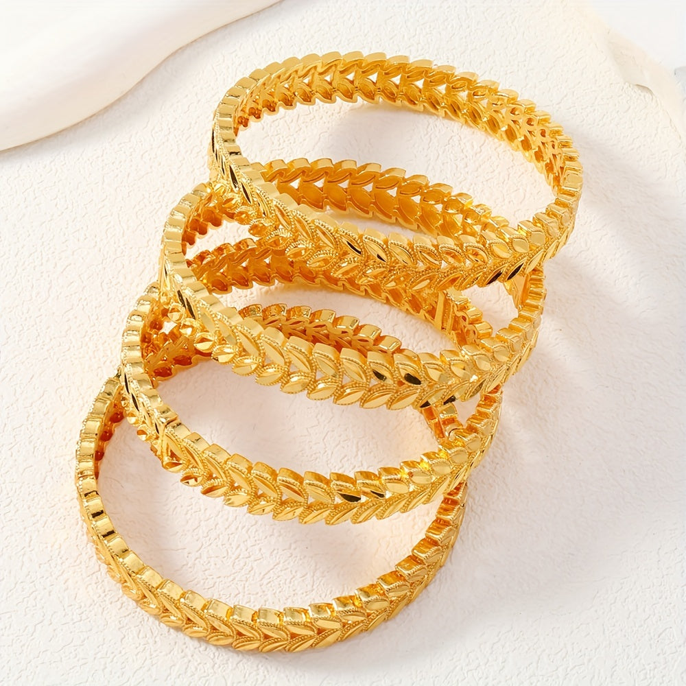 Set of 4 Elegant Wheat Sheaf Design Copper Bangles for Women - 24K Gold Plated Luxury Bracelets for Daily and Wedding Wear - Perfect Jewelry Gift for Valentine's Day, Versatile for All Seasons