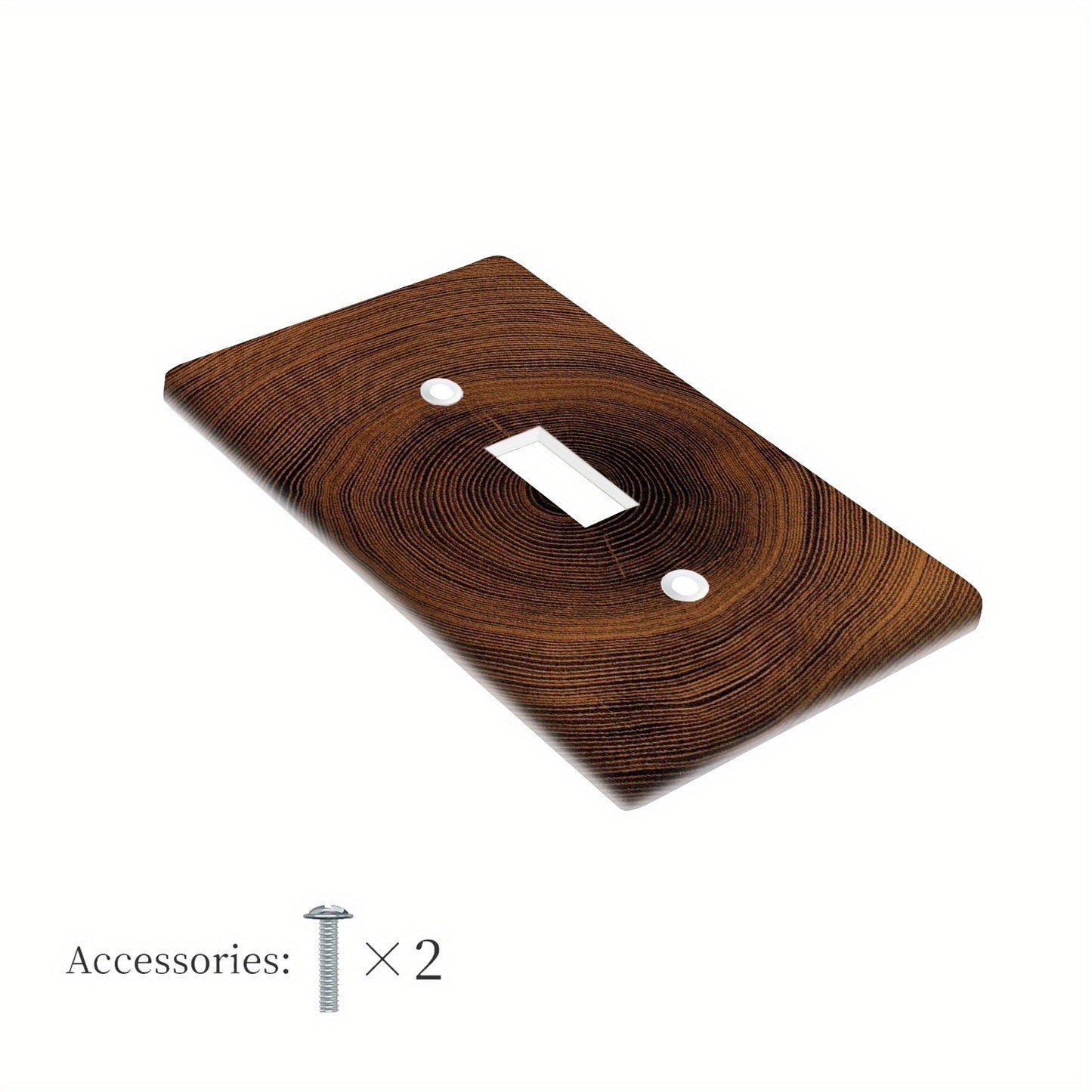 Wood wall panel with decorative light switch and socket cover featuring wood grain ring pattern. Easy to install indoors or outdoors without needing power.