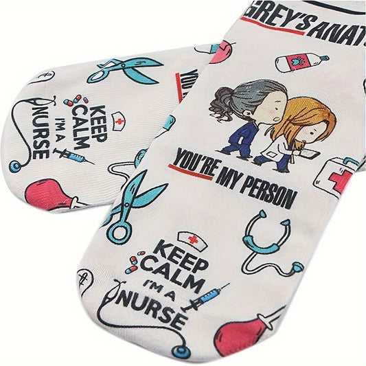 Whimsical cartoon nurse socks with Grey's Anatomy inspired designs, perfect for medical professionals and students. Made of soft polyester blend. Ideal gift for graduation or work