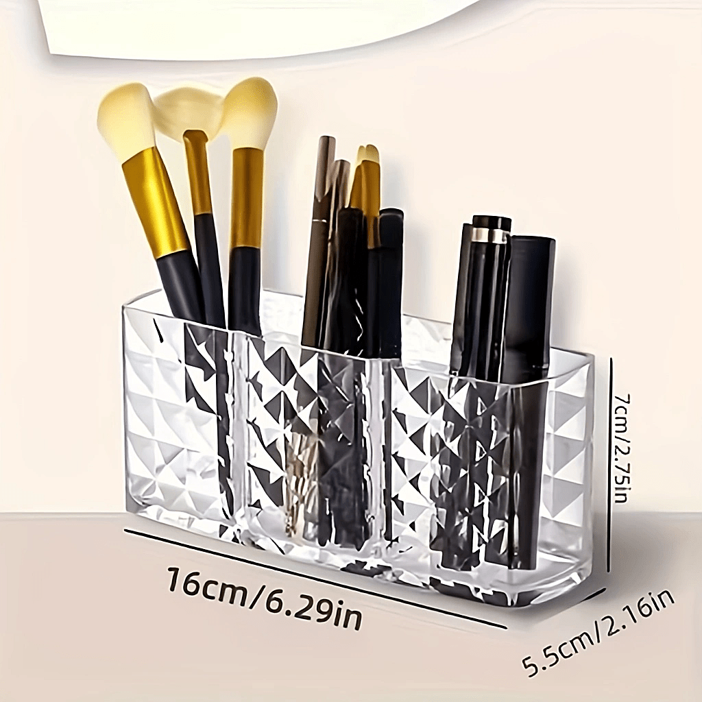 3-compartment clear makeup organizer made of polished acrylic; lightweight and hypoallergenic; perfect for storing brushes, eyebrow pencils, and lipsticks. No installation required.