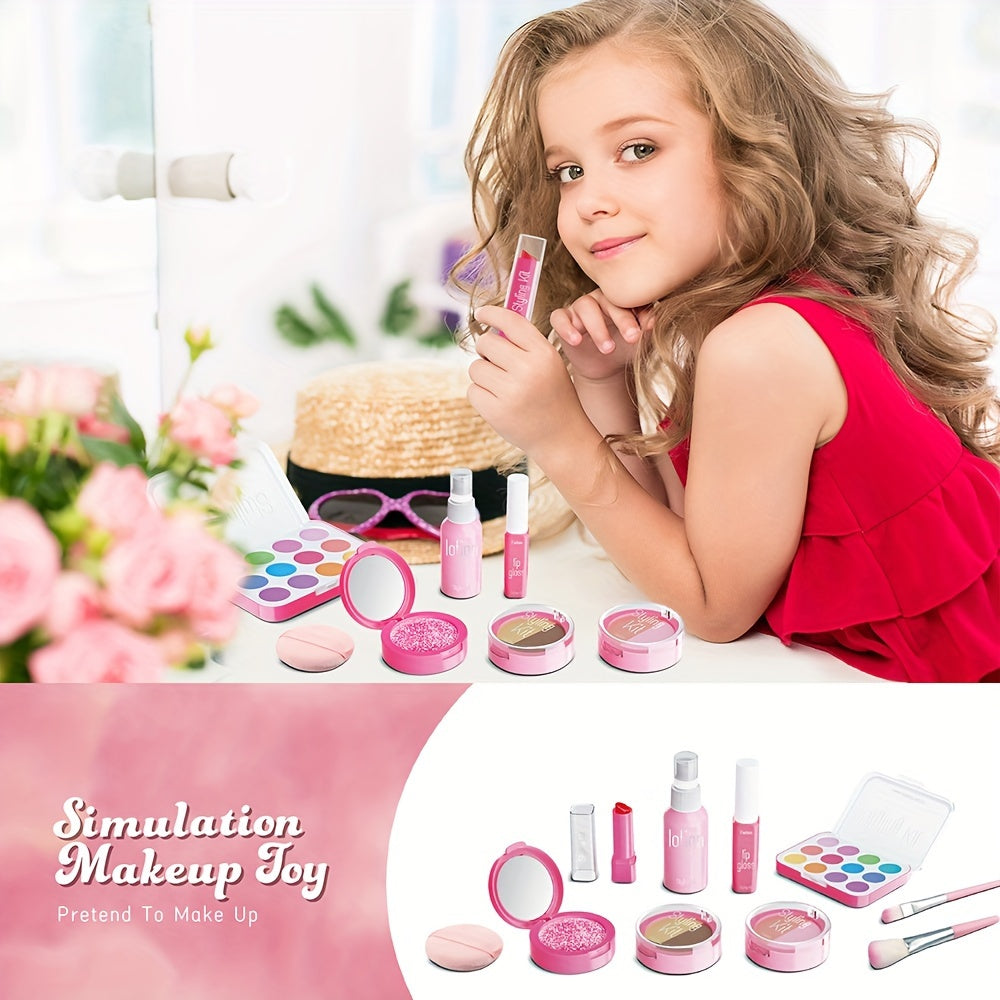 Children's pretend makeup set with 10pcs including mirror, eye shadow palette, lipstick, and powder compact. Perfect for birthday parties and makeovers. Ideal gift for little girls