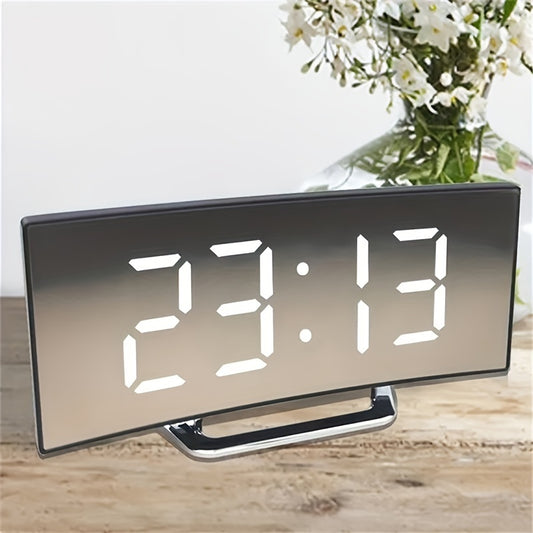 Curved LED Mirror Clock: Silent Alarm, Dimmable, USB/Battery Powered - Ideal Home Decor