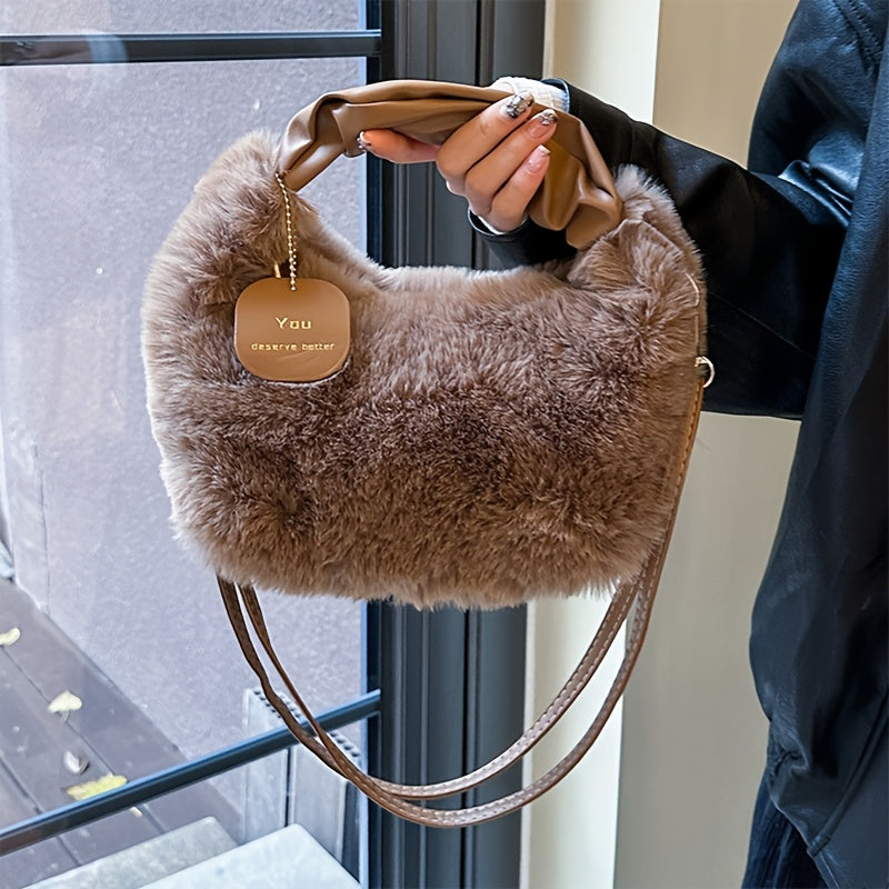 Stylish plush crossbody bag for women in faux fur with adjustable strap and zip closure. Perfect for fall/winter in khaki, light grey, dark khaki, cream, or pink.