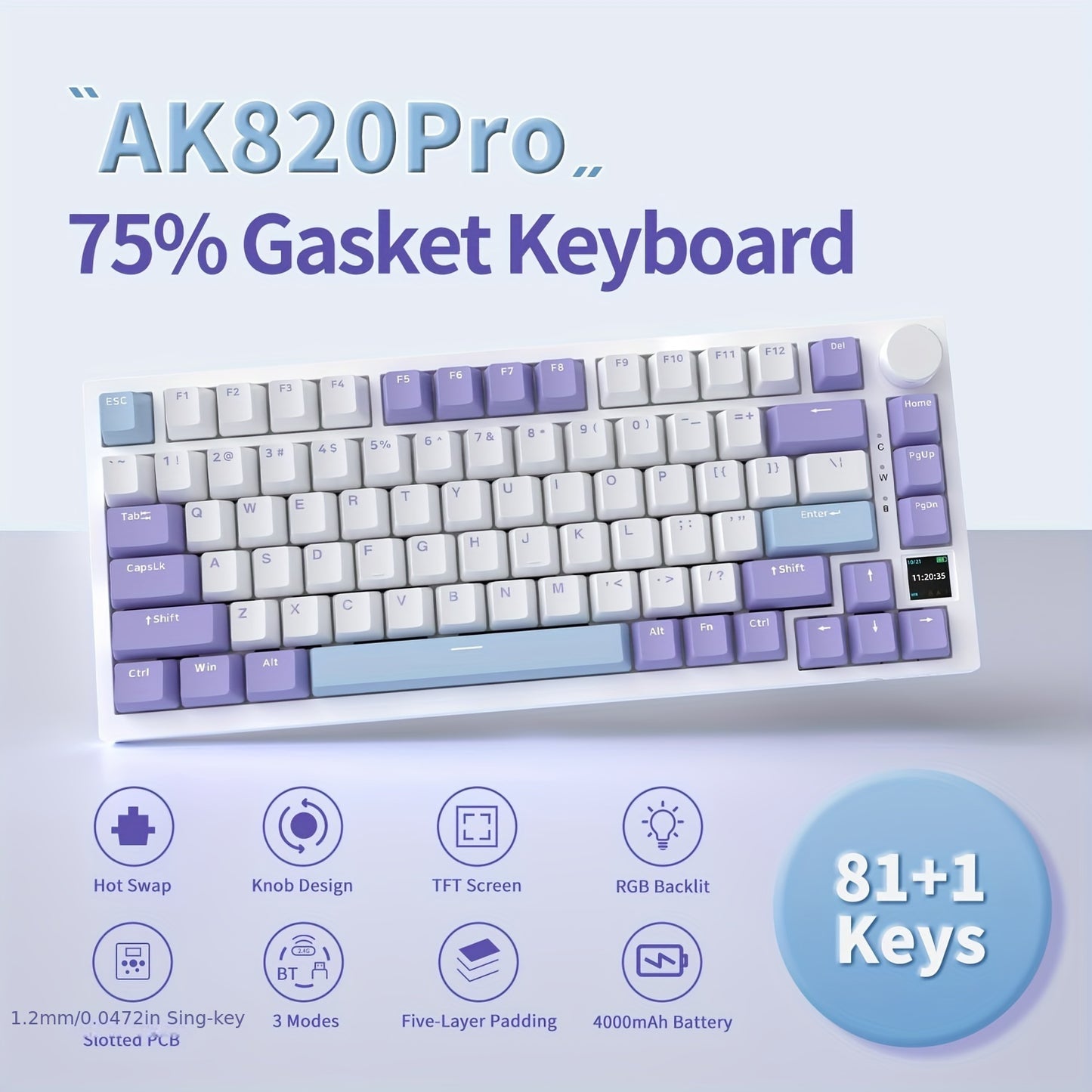 AJAZZ Wireless Mechanical Keyboard with RGB Backlight, 75% Layout, Hot-Swappable PBT Keycaps, Wireless & USB Charging for Gaming and Office Use.