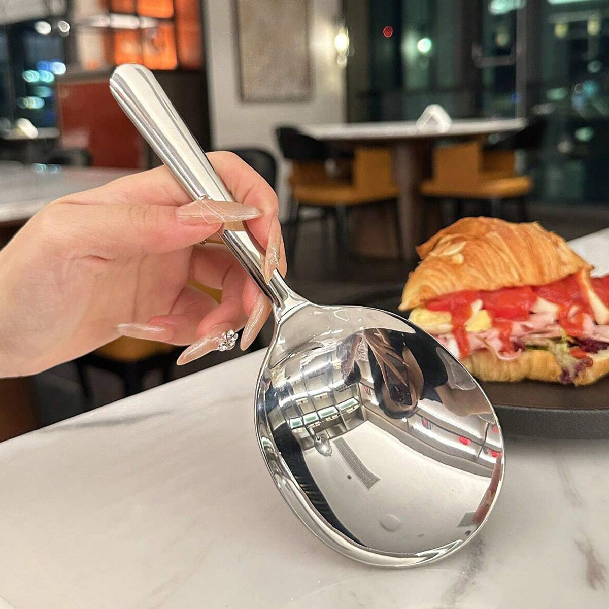 Large Stainless Steel Buffet Spoon - Perfect for Parties, Banquets, and Buffets! This dishwasher-safe utensil is a practical addition to any kitchen, ideal for serving up delicious meals for the whole family.