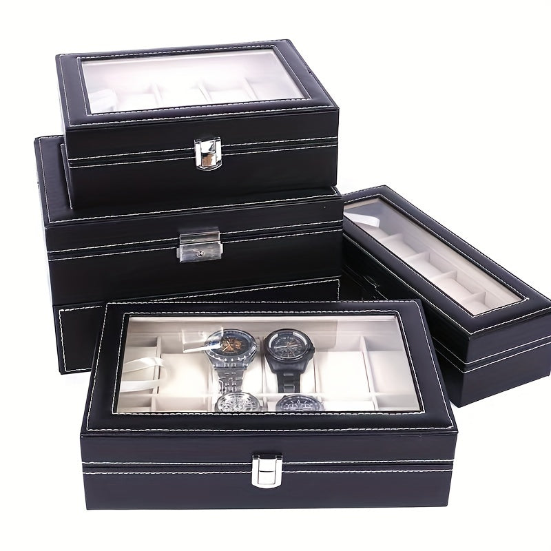 Elegant Black PU Leather Hand Jewelry Watch Storage Box with Dustproof Transparent 6/10 Slots, Equipped with Lock - Perfect Gift Choice