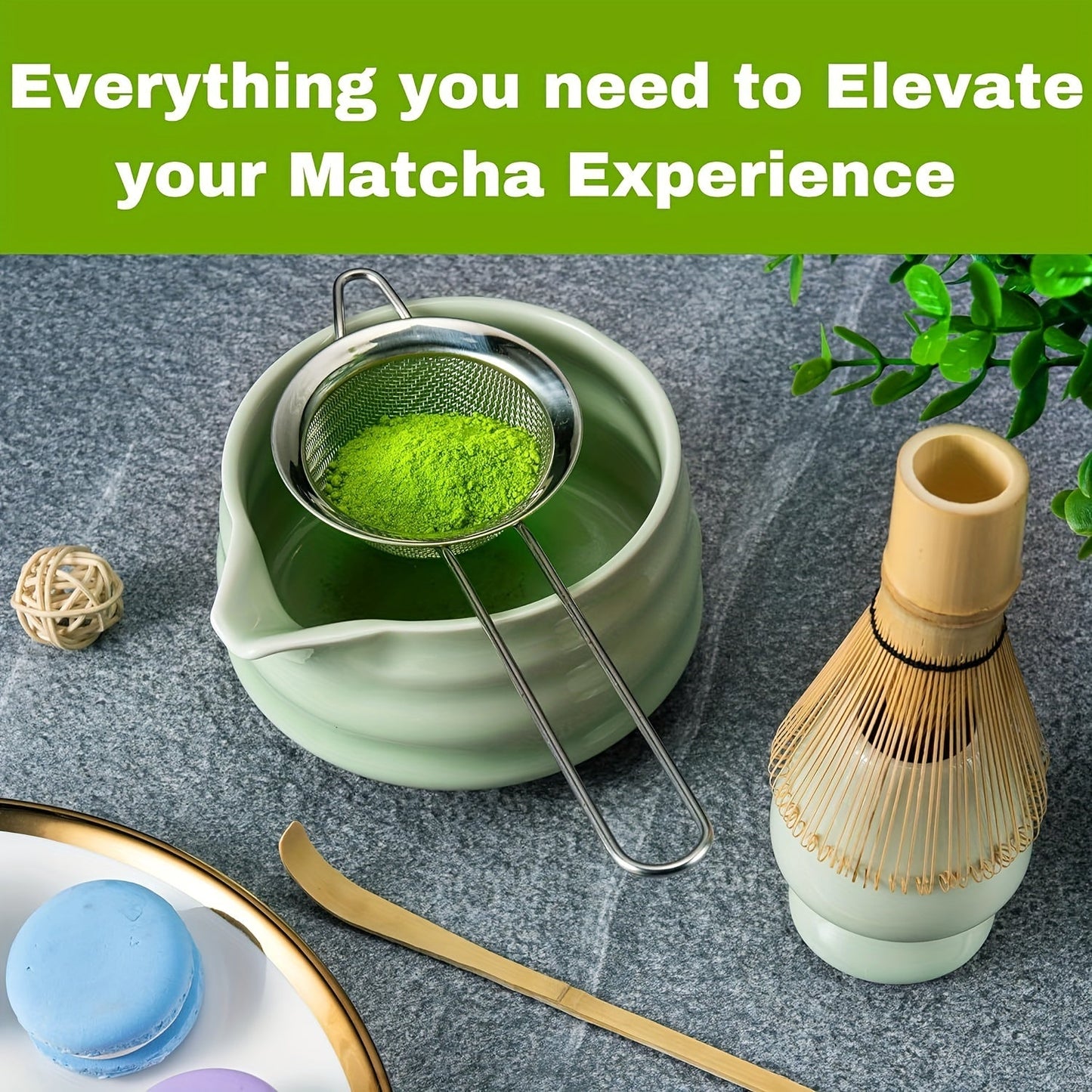 Authentic Japanese Matcha Ceremony Kit: Includes Ceramic Tea Bowl, Bamboo Tea Whisk, Gold-Plated Tea Scoop, and Matcha Sieve - Ideal for Traditional Matcha Rituals