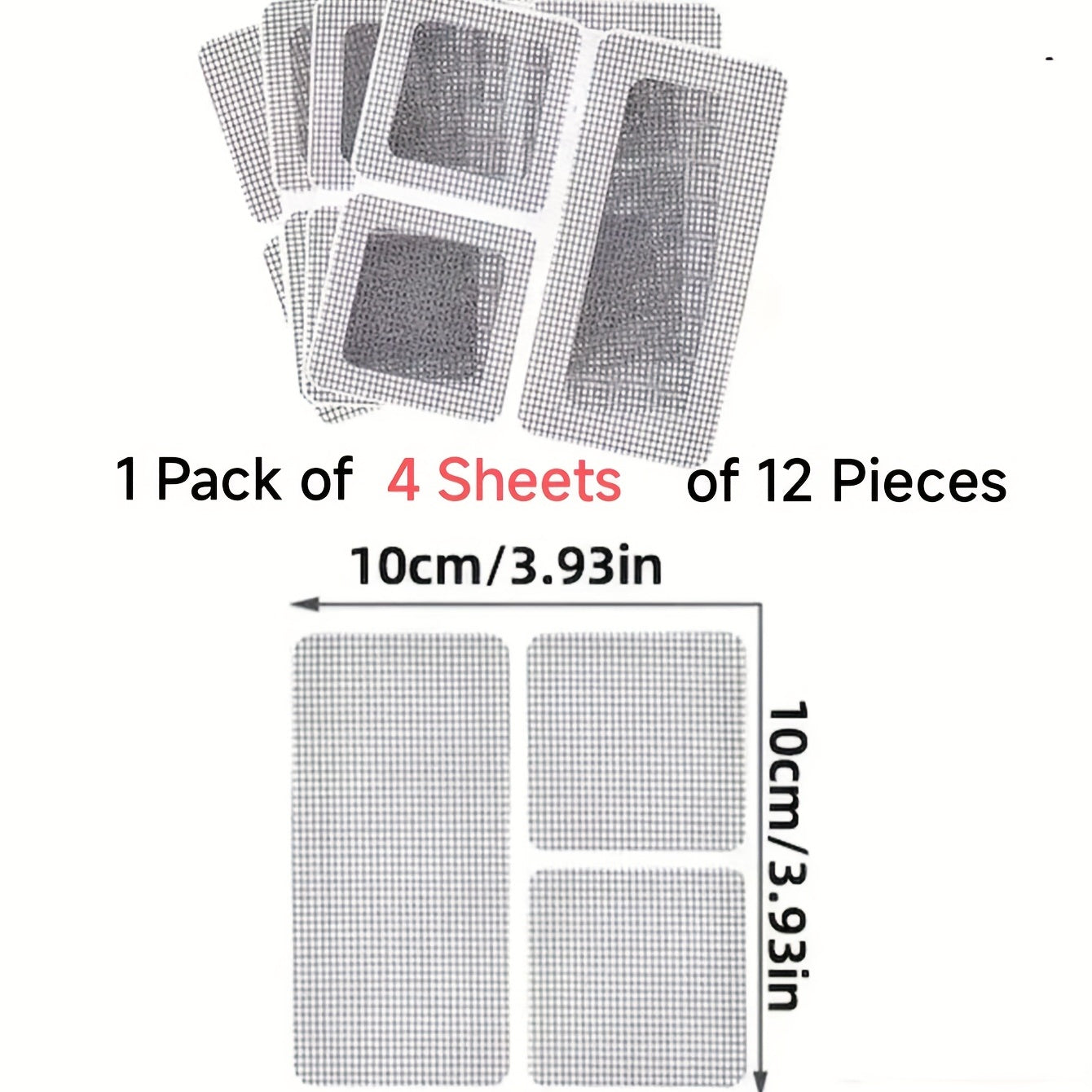 Repair patches for window screens consisting of 12 pieces. These patches are self-adhesive, cuttable, and suitable for repairing holes in screen doors or windows. Additionally, they can be used as mosquito repellents.