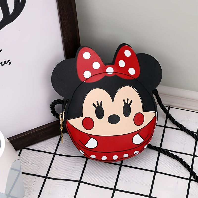 1pc Minnie Mouse cartoon crossbody bag with polka dot bow, ideal for girls & women. Large capacity in a red & black design, perfect for school or everyday use. Made from PU material.