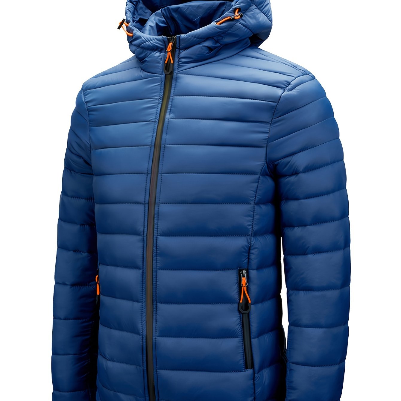 Men's winter hooded jacket with green and orange zipper pockets, made of a warm nylon-polyester blend. Features a full-zip design, ribbed cuff sleeves, and quilted insulation for casual