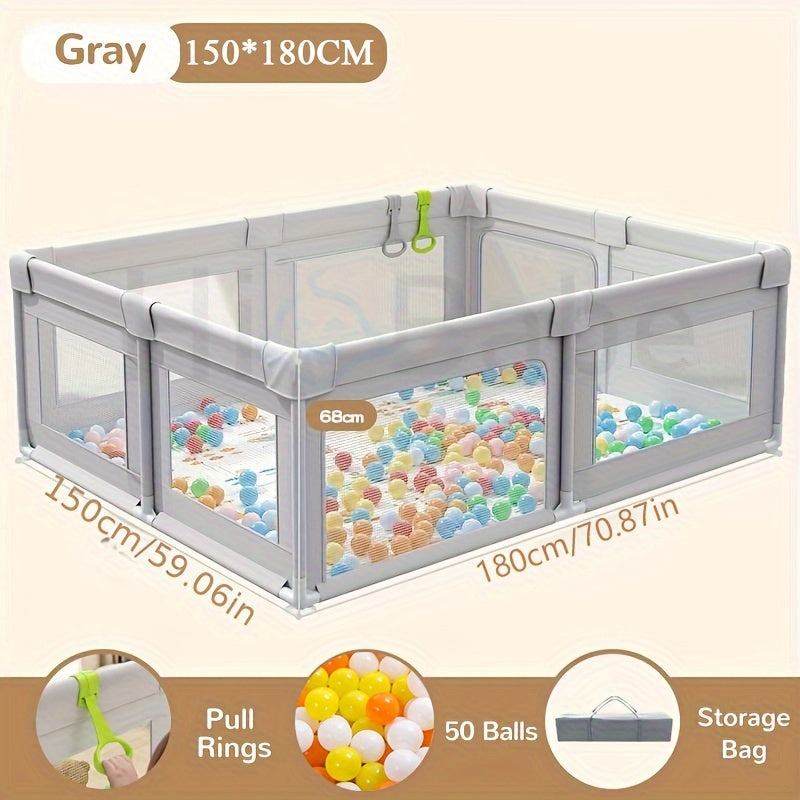 Child's Playpen 150 * 180cm, Playpen for Kids, Includes 50 Play Balls and 4 Kid's Rings, Playpen with Safety Net and Zipper, Perfect for Indoor or Outdoor Use