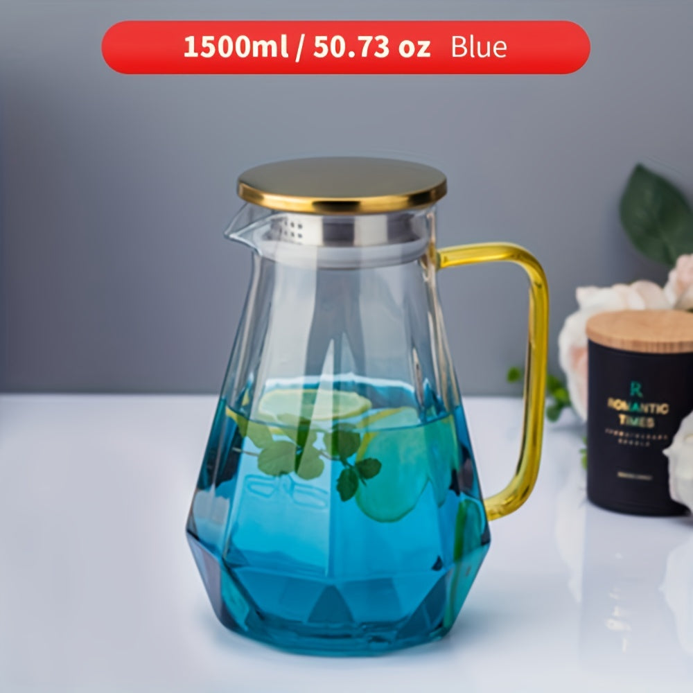 1pc, 1500ml Geometric Glass Pitcher with Lid, Heat Resistant for Hot and Cold Beverages.