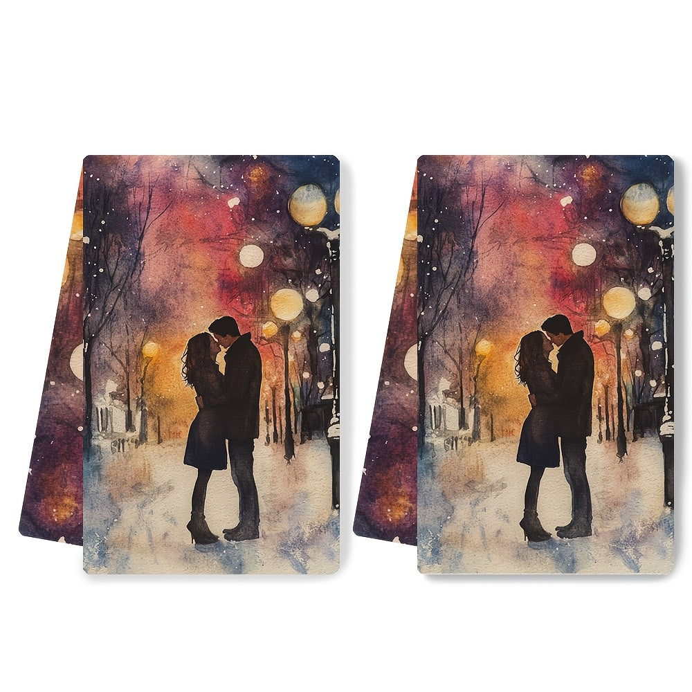 Set of 2 Romantic Sunset Kiss Kitchen Towels - Made with Ultra Soft, Highly Absorbent Polyester Material, Each Towel Measures 40.64x60.96 cm. Easy to Clean in the Washing Machine, Features a Vibrant Winter Scene Design Perfect for Holiday Decor and