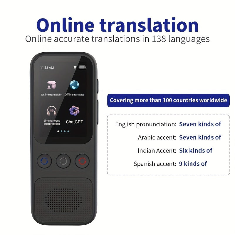 Two-way voice translator for 138 languages, with HD touch screen for travel, business, and study.