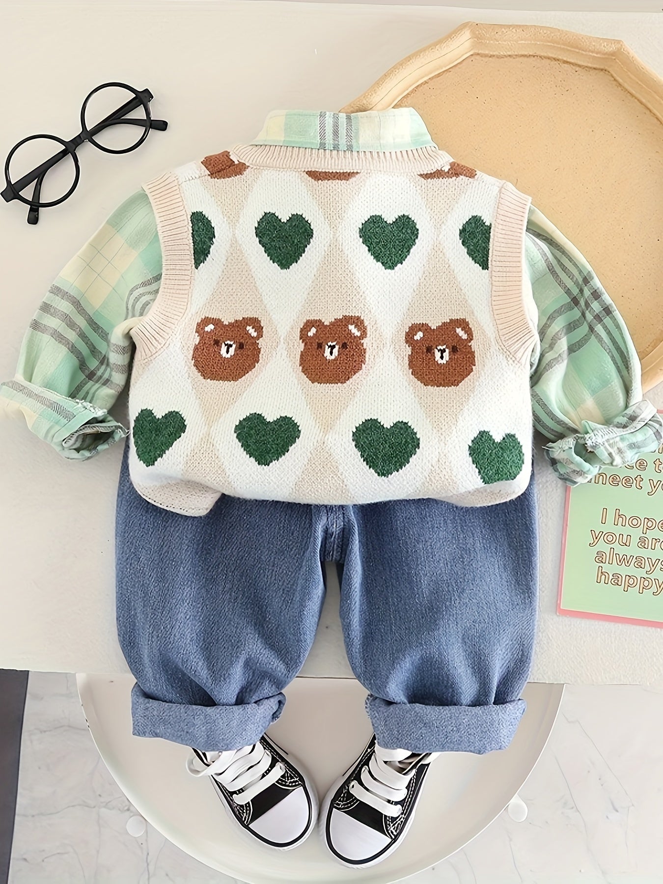 Boys' three-piece set with knit vest and jeans