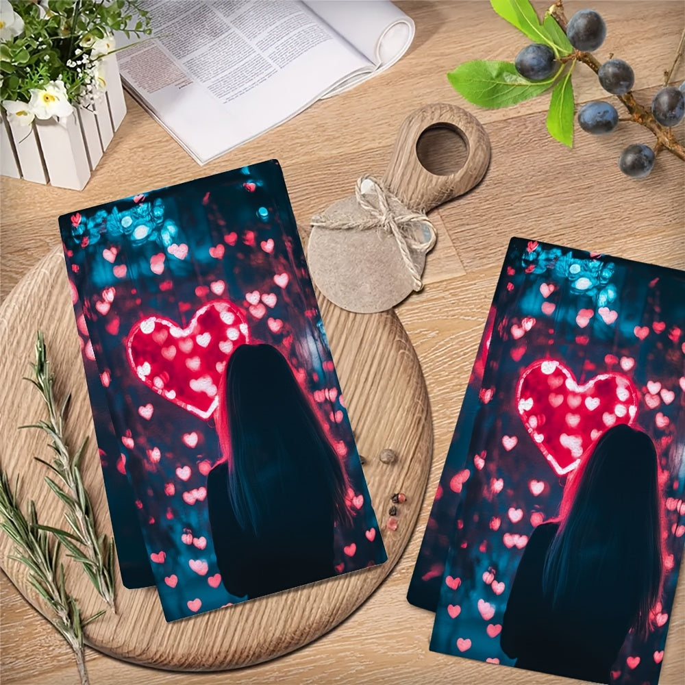 This bundle includes a set of two ultra-soft kitchen towels, ideal for enhancing your holiday decor with their concert wave heart lights design. These towels are highly absorbent, easy to clean in the washing machine, and measure 40.64x60.96 cm.