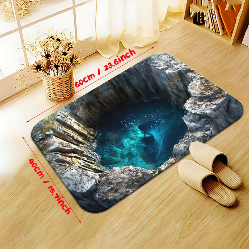 High definition 3D visual effect door mat made of non-slip, machine washable polyester. Absorbent microfiber material ideal for bedroom, living room, and bathroom. Suitable for camping