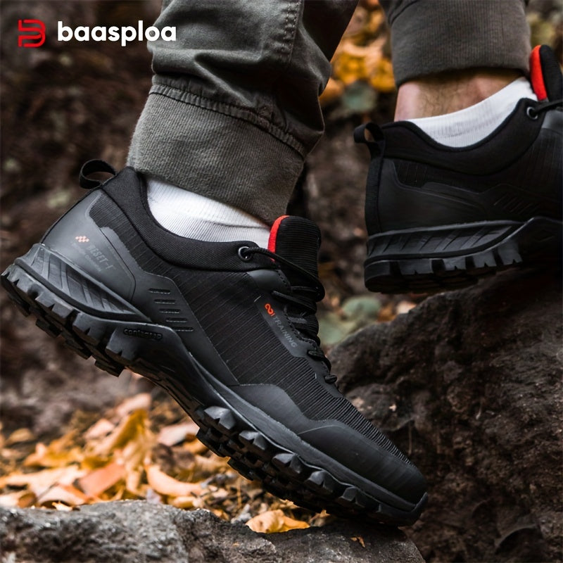 BAASPLOA Men's Low-Top Hiking Shoes in Black with Red Accents - Durable, Waterproof, Anti-Slip, Comfortable PU Insole