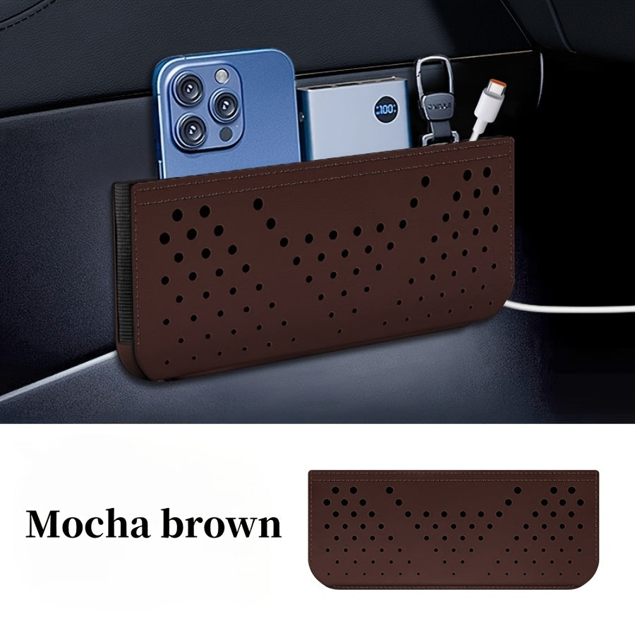 Car Dashboard Organizer with Adhesive, Faux Leather Storage Pouch for Phone, Cards, Keys, Glasses; Vehicle Cup Holder.