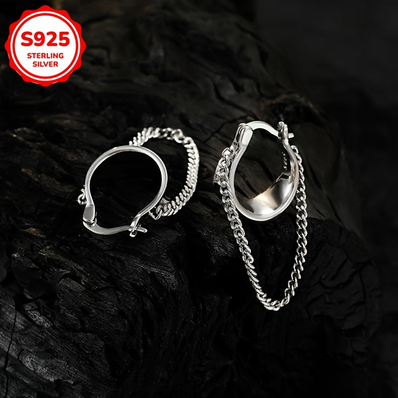 Stylish geometric buckle earrings paired with long braided earrings, perfect for fashion-forward women. Available in a sleek silvery color, weighing 6.5g or 0.23oz.