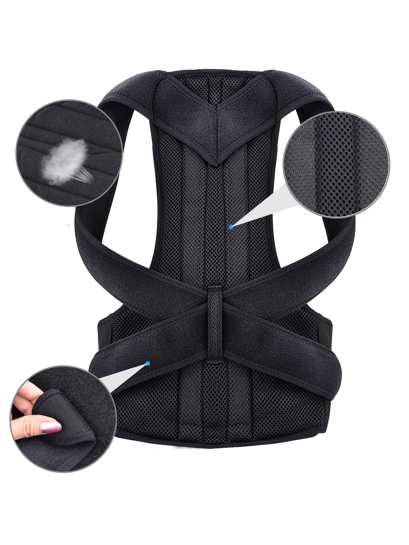 Flexible posture corrector vest with lumbar and shoulder support for improved posture and back pain relief.