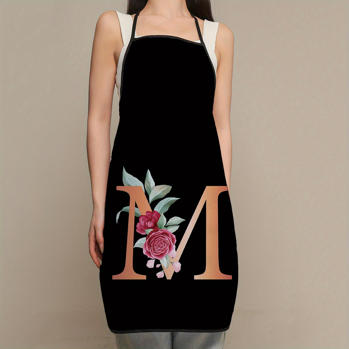 Women's flower and letter printed polyester apron - waterproof, thickened, and cute for household and kitchen use.