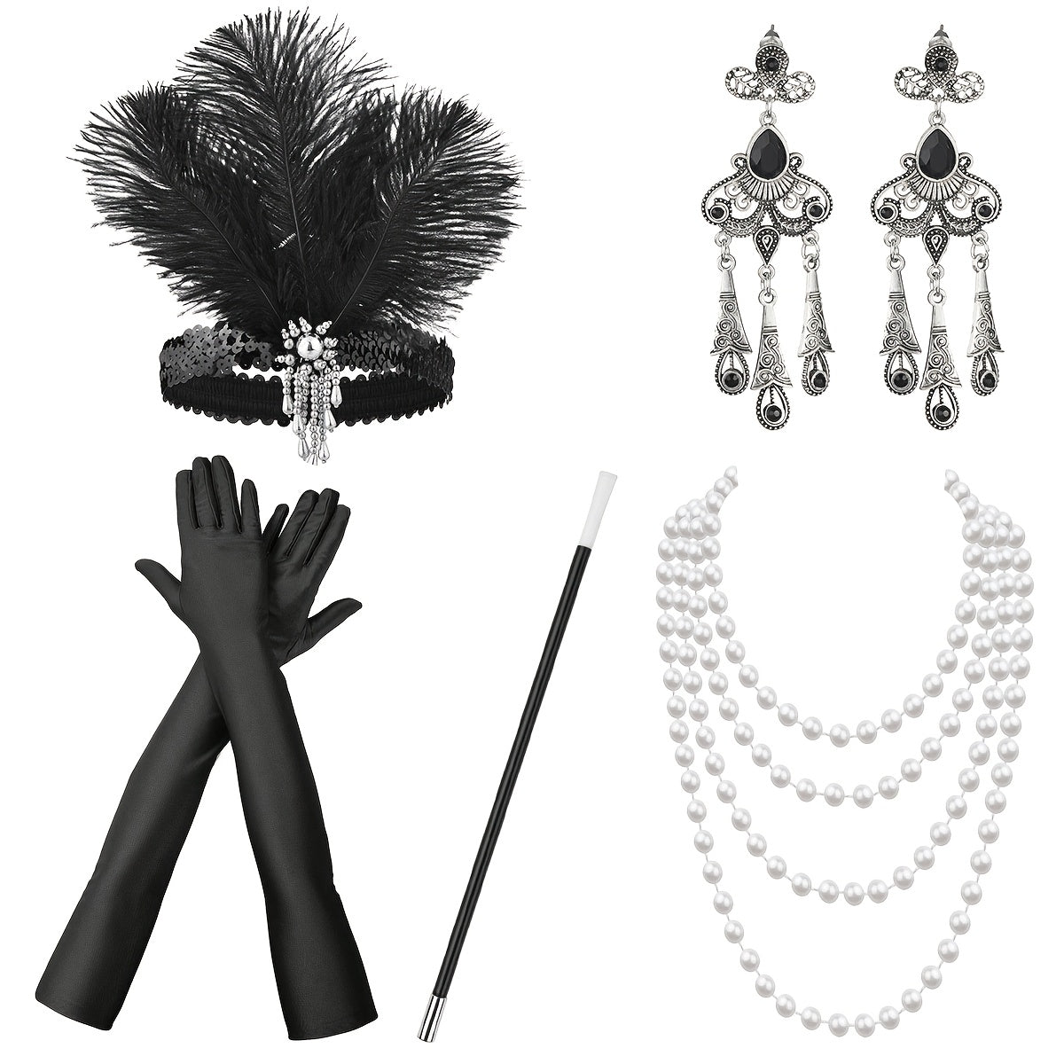 The Gatsby themed set includes a feather headband, gloves, cigarette holder, earrings, pearl necklace, single party makeup, dance Halloween carnival party lady skirt accessories, headwear, hand decoration, long pearl necklace, simulation pipe, and a