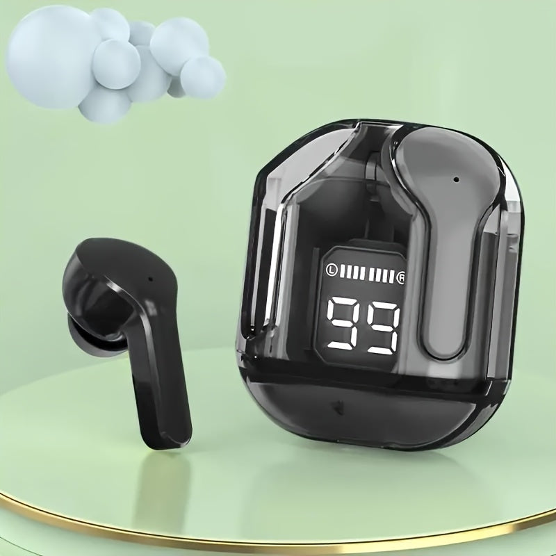 Compact wireless earbuds with touch volume control, plastic construction, rechargeable battery, and Type-C charging. Charger not included.