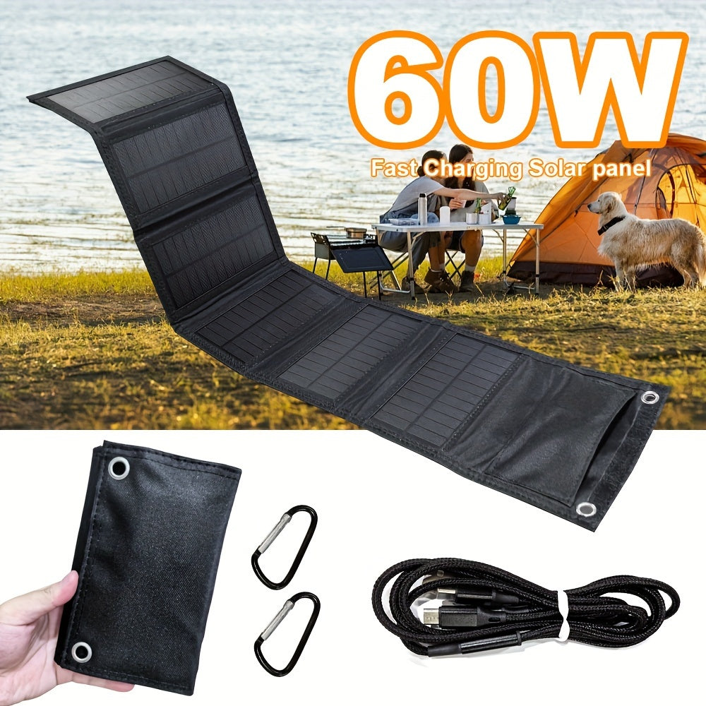 60W Portable Folding Solar Panel Charger with USB for phone charging, with carabiner and cable, from Smaraad Renewable.