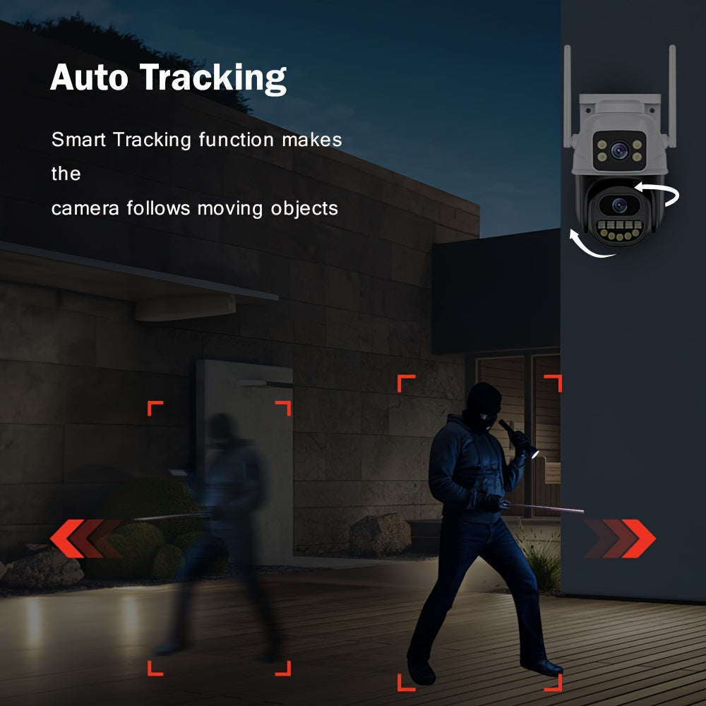 Icsee outdoor 3-lens camera with 4K resolution, dual screens, 8MP, WiFi, 8x zoom, human detection, auto tracking, and security surveillance.