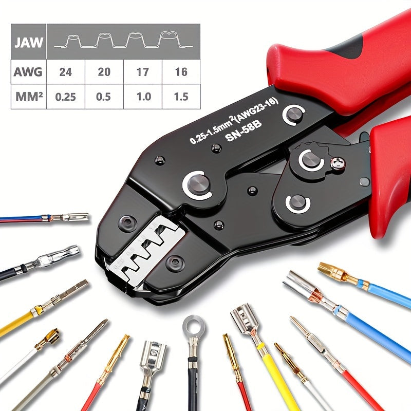 Professional manual crimper tool for JST, Dupont terminals, SATA pin crimping, with carbon steel handle and AWG 23-16/0.25-1.5mm² capacity.