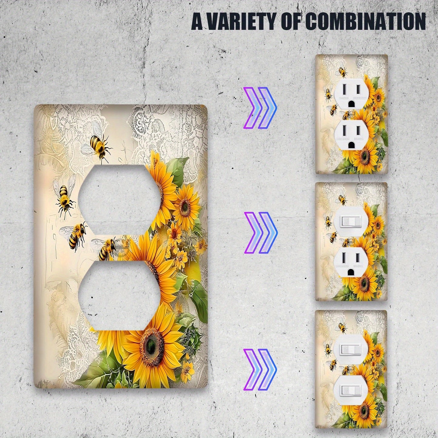 Decorative sunflower and bees light for switch cover, easy to install in kitchen, bathroom, or bedroom. Available for 1 or 2 gang switches.