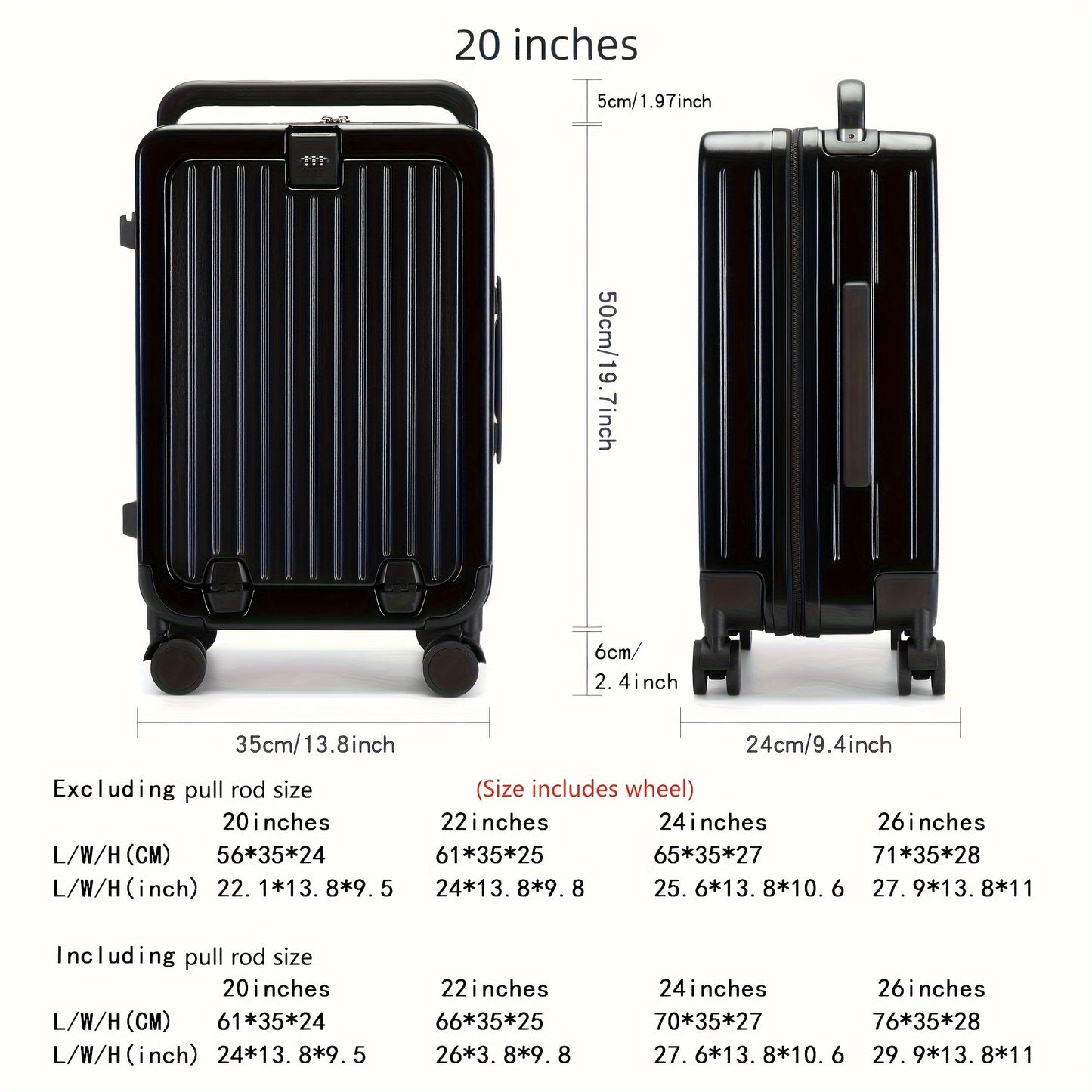 1pc Suitcase with front opening storage compartment, dry and wet separation compartment, unique wheel design, and travel password boarding feature.