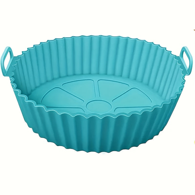 Reusable, non-stick silicone air fryer basket liner designed for 3QT-5QT air fryers. Heat resistant up to 240°C, perfect for baking and cooking. Available in blue and black, ideal for holiday parties and everyday kitchen use. Portable and folding with a