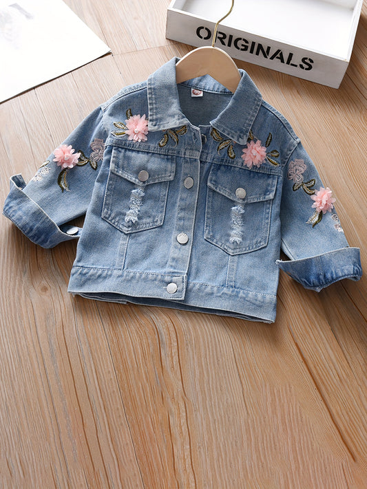 Embroidered denim jacket for girls with collar, made of cotton blend, perfect for spring/fall.